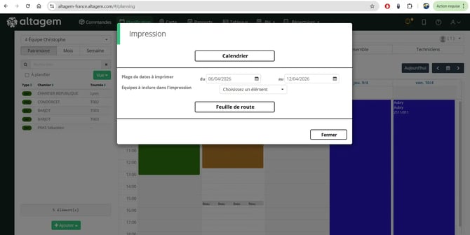 Capture d'écran montrant les deux nouveaux boutons de choix dans la fenêtre d'impression : "Calendrier" pour le rendu visuel et "Feuille de route" pour le format liste, avec les options de sélection de dates.