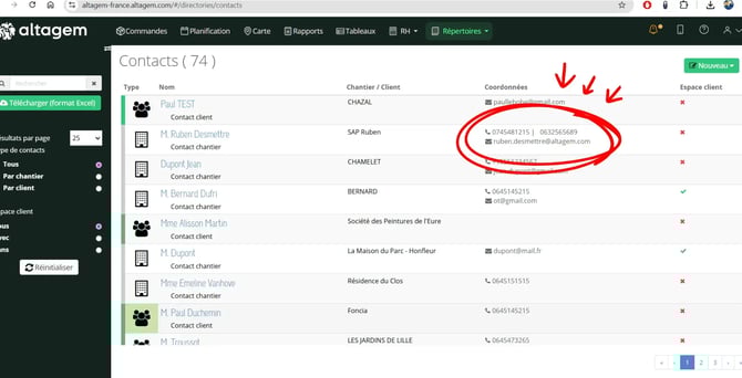 Visualisation du format d'affichage de deux numéros de téléphone dans la colonne Coordonnées des contacts Altagem