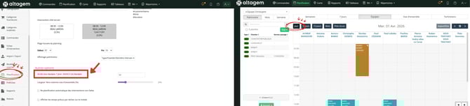 "Interface Altagem montrant l'option de vue 1 jour sur le planning et le réglage correspondant dans les paramètres