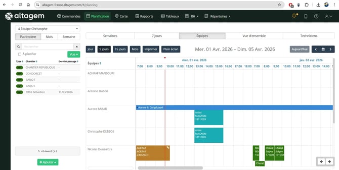 Interface de planification Altagem mise à jour, offrant une navigation fluide et une stabilité renforcée pour la gestion des interventions