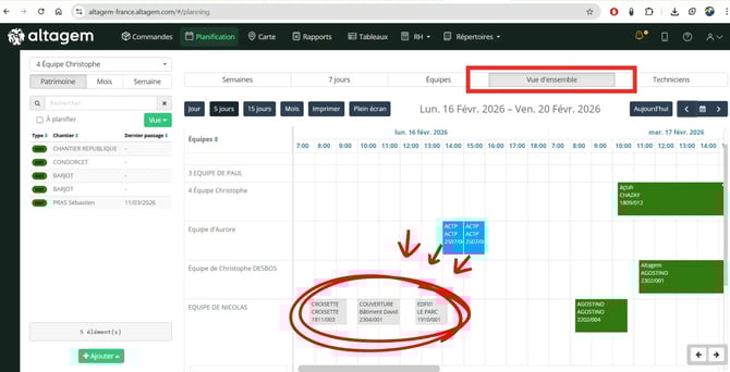 Vue d'ensemble du planning Altagem intégrant l'affichage des interventions terminées aux côtés des interventions prévues