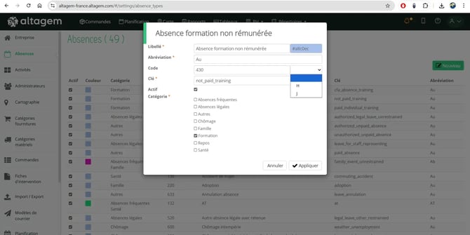 Configuration du type de valeur (H ou J) pour les absences dans l'interface de gestion Altagem