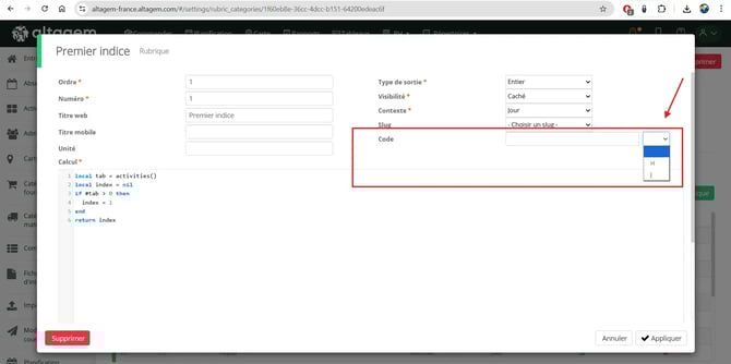 Sélection de l'unité (Heures ou Jours) dans le paramétrage des rubriques pour l'export SILAE Altagem