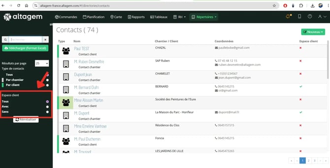 Nouveau filtre Espace Client dans le répertoire des contacts Altagem