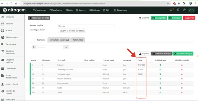 "Affichage de la nouvelle colonne Code dans la liste des rubriques des préfiches Altagem