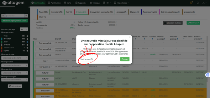 Fenêtre de notification Altagem avec le bouton Tout fermer permettant de masquer tous les messages.