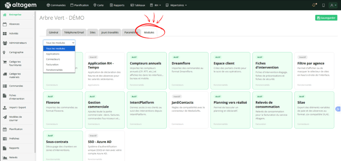 Onglet Modules dans les paramètres Altagem présentant l'ensemble des offres actives et les options de configuration.