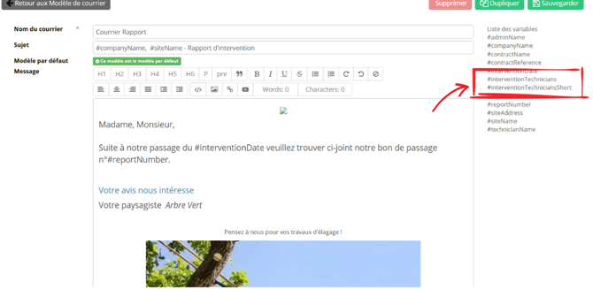 Nouveaux mots-clés disponibles pour l'affichage des techniciens dans les modèles de courrier.