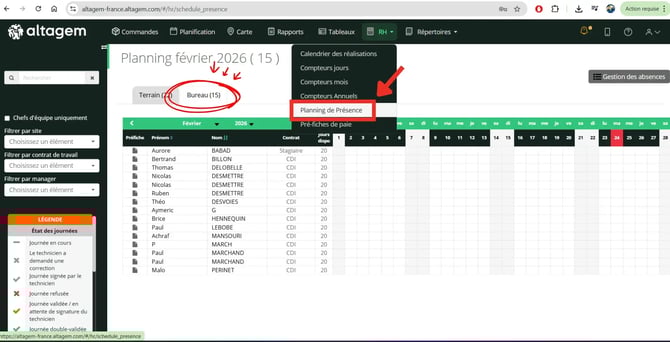 Vue du nouveau planning de présence montrant les deux onglets permettant de basculer entre les équipes de terrain et les profils de bureau
