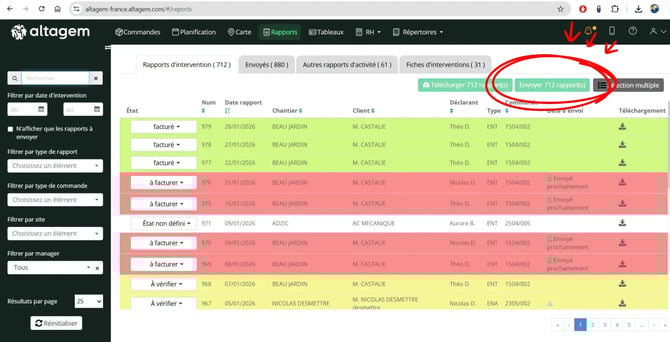 Visualisation du bouton envoyer désactivé tant qu'aucun rapport n'est sélectionné dans Altagem